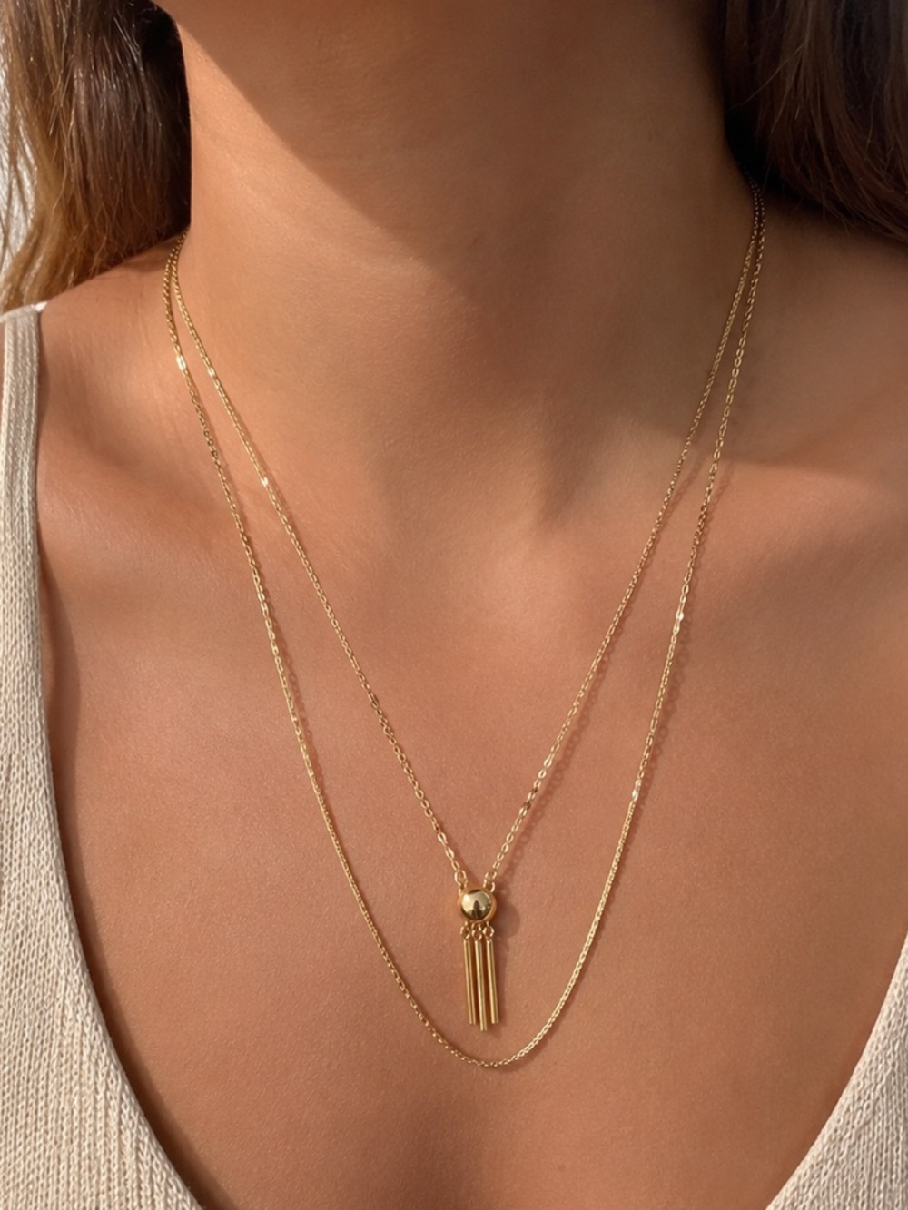 Vintage Gold Tone Double Chain Necklace Fixed Fringe Pendant S-Link Cable